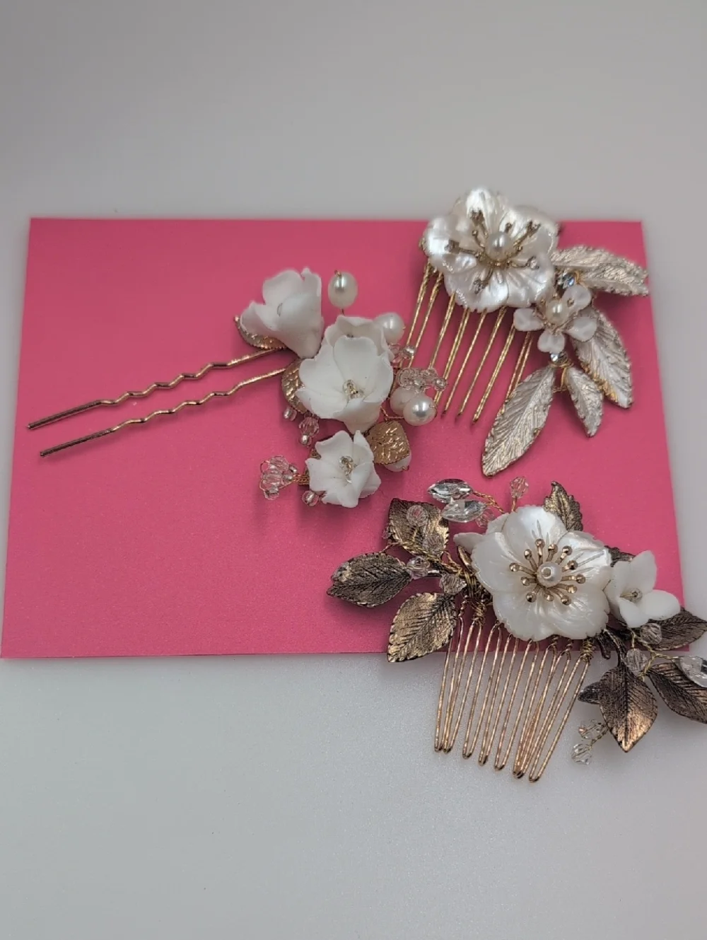 Gold Floral Hair Comb Set with White Flowers